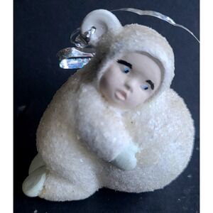 Vintage Snowbaby Hugging Snowball‎ Ornament Glittery White Blue Eyes Holiday